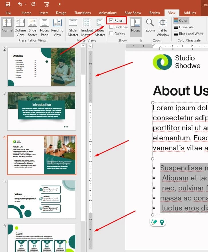 the ruler at the top of PowerPoint
