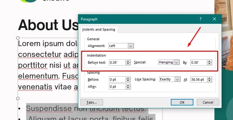 Indentation section