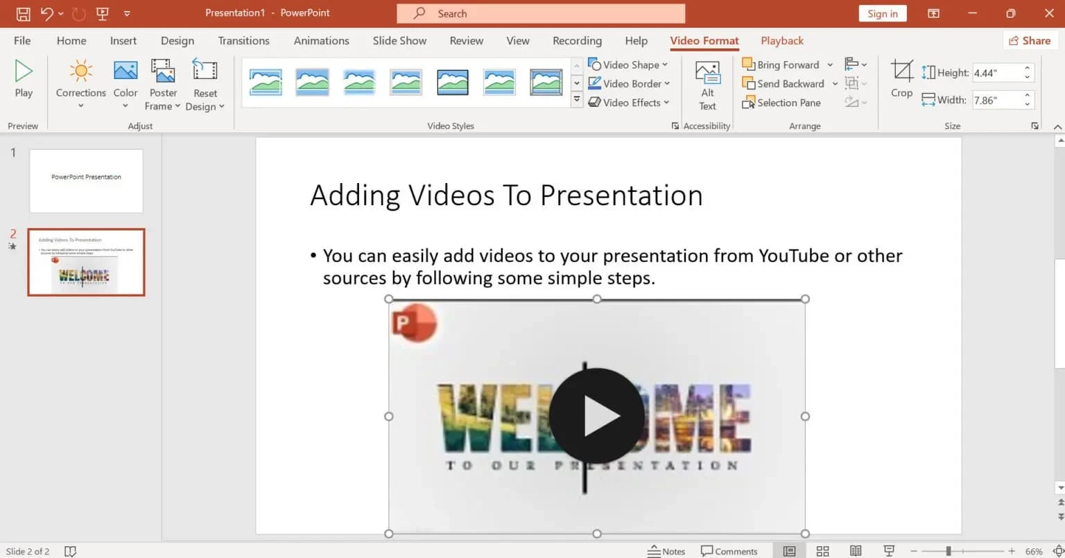 Adjusting the size of a video added in PowerPoint presentation