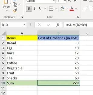 Sum Function in Excel