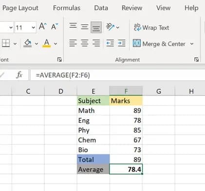 Average Function in Excel