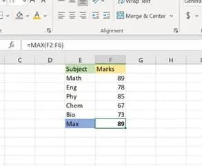 MAX function of Excel