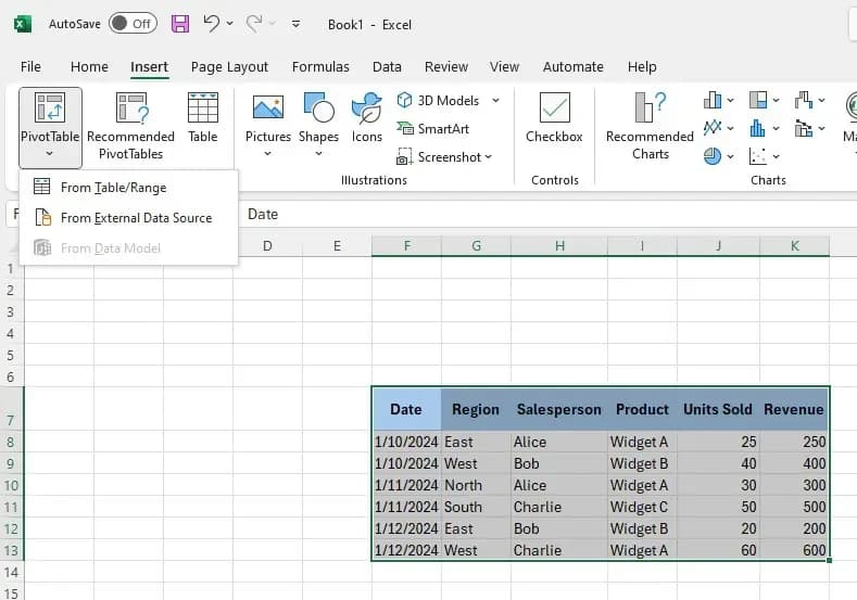 Excel PivotTable option under the “Insert” ribbon