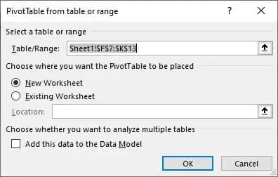 Excel Dialogue box for PivotTable