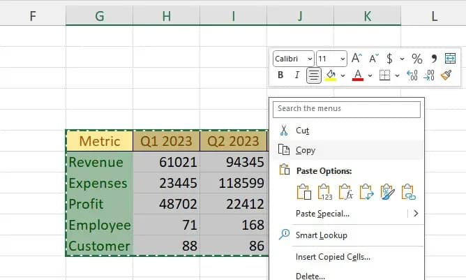 Copying an Excel table