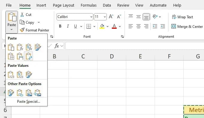 Excel Transpose option under “Paste”