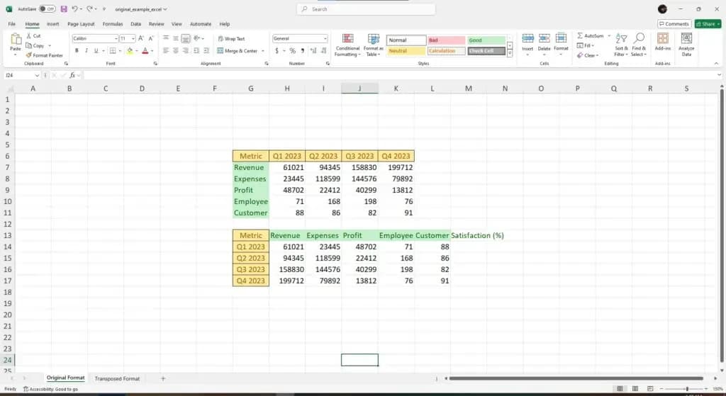 Excel Transposed table