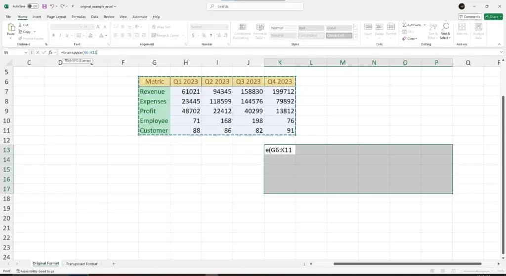 Using the TRANSPOSE() function on Excel