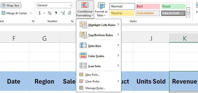 Excel Conditional Formatting menu