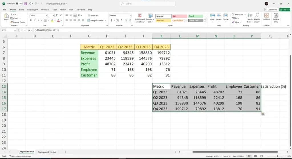 Transposed table in Excel using the TRANSPOSE() function