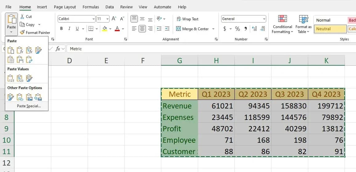 Using the “Paste Special” option to transpose data in Excel