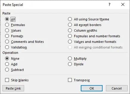 Paste dialogue box in Excel